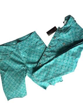 D2 Donna Karan Teal Print Jacket & Bermuda Shorts Set NWT Large